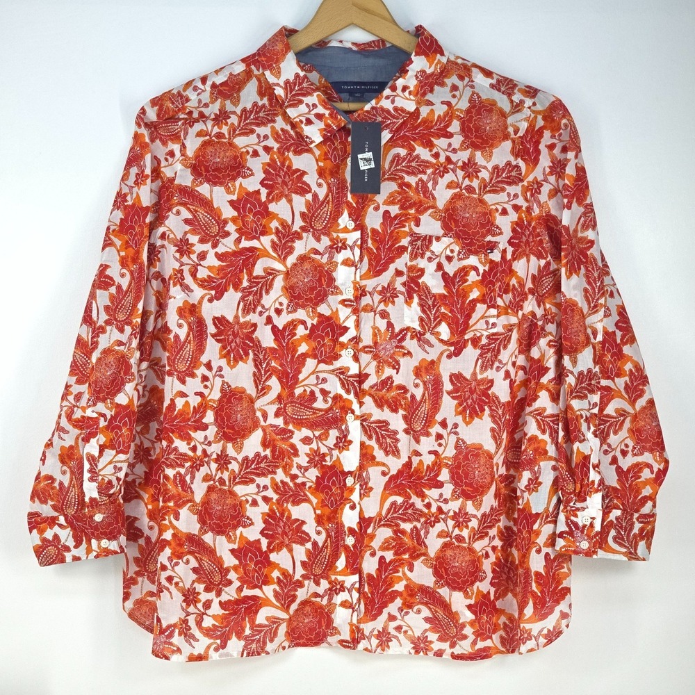 Tommy Hilfiger Roll-Tab Floral Heritage Shirt Womens 2X Boho Peasant Mom Classic